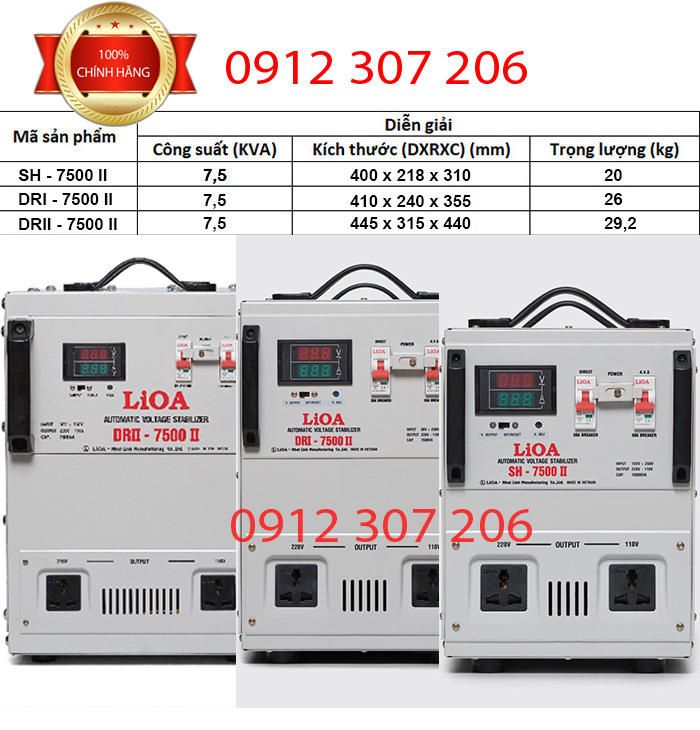 HÌNH ẢNH KÍCH THƯỚC TRỌNG LƯỢNG ỔN ÁP LIOA 7-5KVA CỤ THỂ